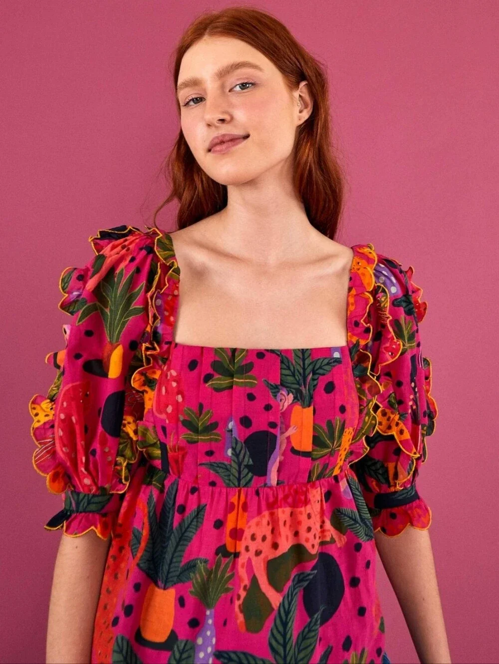 Farm Rio Pop Leopards Square Neck Puff Sleeve Blouse